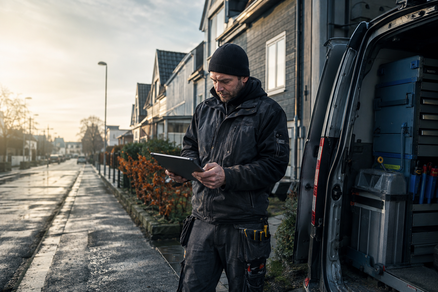A field-service professional using a tablet beside a service van after a customer visit.