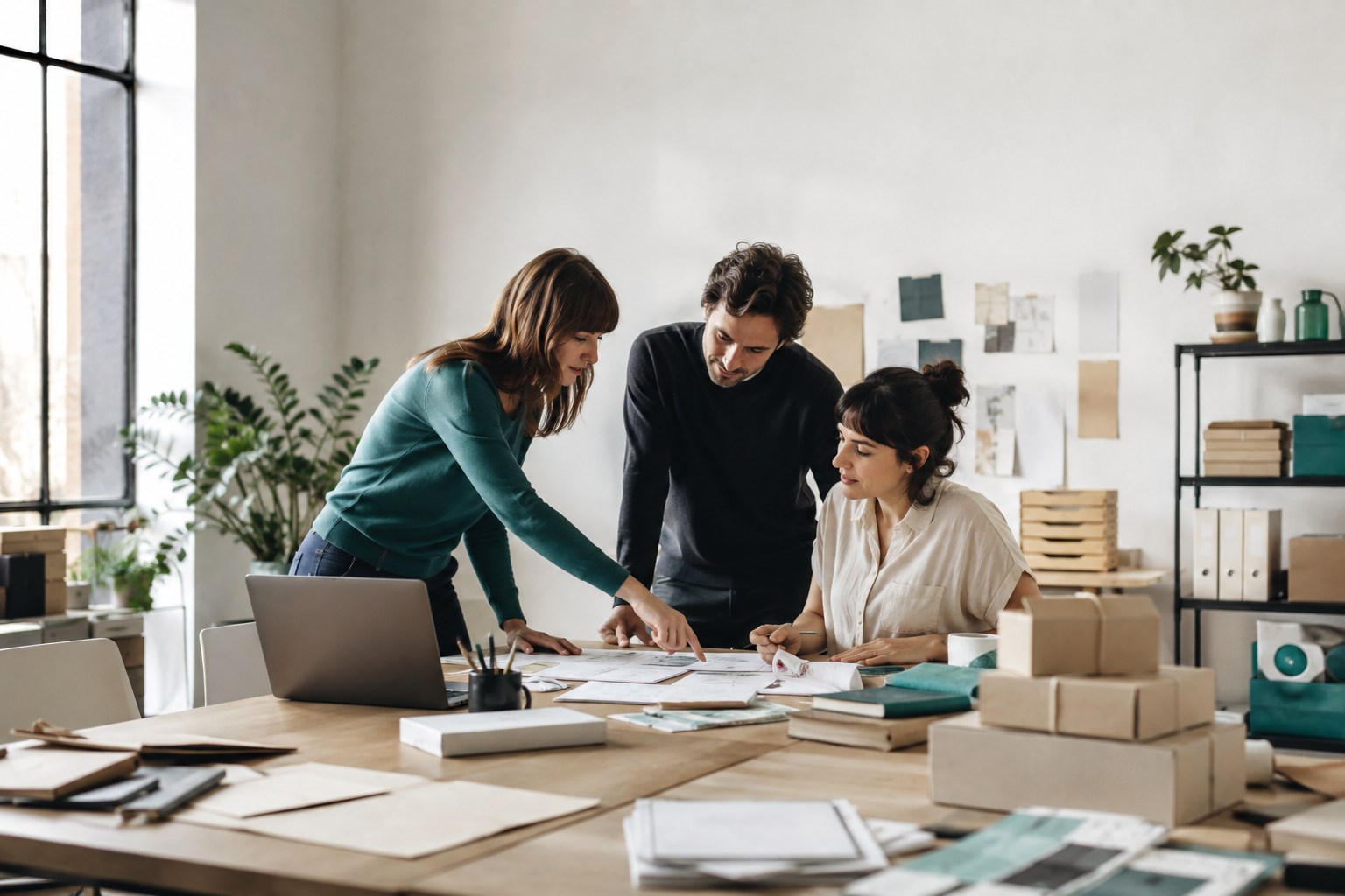 Three colleagues coordinating customer work and orders in a bright workshop office.